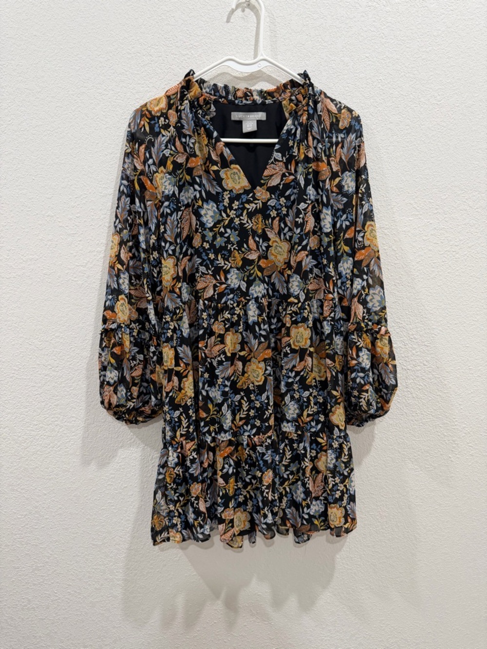 Lucky Brand Black Floral V-Neck Dress with Mustard & Blue Blooms